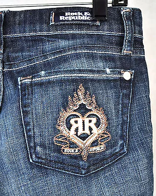 Rock & Republic Kiedis Flaming Hearts Quaalude Blue Jeans 26 USA 000682  • $34