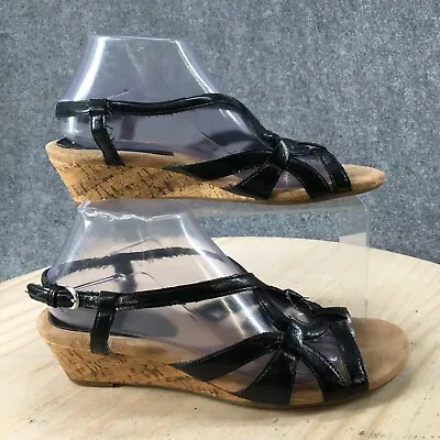 Merona Sandals Womens 9 Slingback Strappy Black Leather Wedge Cork Heels Casual • $22.99