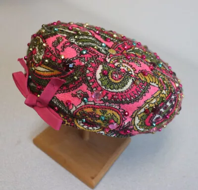 Vintage Women's Pink Paisley Pillbox Hat With Jewels And Bow - G Fox & Co • $40