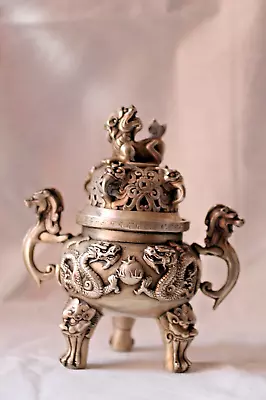 China Exquisite Tibet Silver 9 Dragon Beast Lion Head Incense Burner Statue • £72