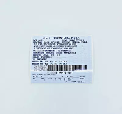 Ford VIN Code Label Replacment Sticker For All Makes & Models • $49.99