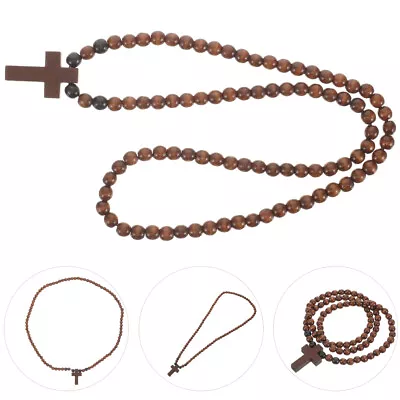 Wooden Cross Necklace For Men Beaded Chain Necklace Rosary Trendy Necklace • £7.35