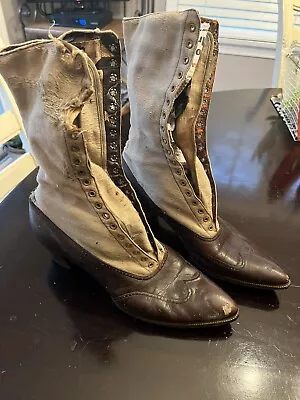 Antique Victorian Women's Boots Two Tone White Brown Leather Tall Lace Up • $65