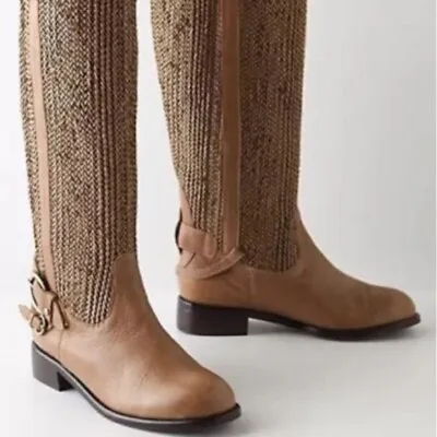 $110 • Buy Anthropologie Schuler & Sons Tan Dakota Woven Leather Knee High Boots Size 8.5