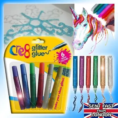 Glitter Glue Pen Set 6 Tubes Of Fun Bright Deluxe Colours Kids Play Card Craft • £3.93