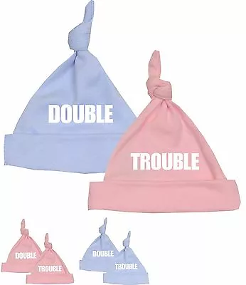 BabyPrem DOUBLE TROUBLE Funny Baby Hats Novelty Gifts Twins Baby Shower Ideas  • £8.99