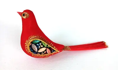 Vintage Red Bird Christmas  Ornament Retro Flocked Ornate Foil Thread • $9.09