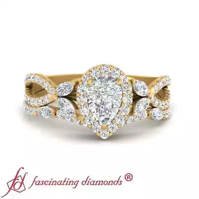 Pear Shape Diamond Halo Bridal Ring Set With Round And Marquise Accents 1.65 Ctw • $5982.99