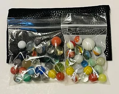 47 Vintage Mystery Mixed Glass Cat Eye Swirl Marbles & Black Pouch Lot #10 Of 14 • $8.95