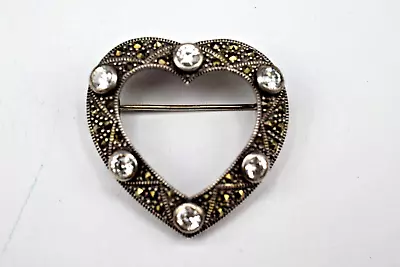 Vintage 925 Sterling Silver Marcasite & Clear Crystals Heart Design Pin Brooch • $35