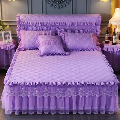 1X Princess Lace Padded Bed Skirt Cover Sheet Ruffled Heart Print Bedspread Cute • £83.89