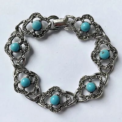 Southwestern Style Faux Turquoise Silver Tone Signed Sarah Coventry Bracelet • $14