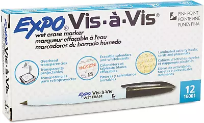 Expo Vis-A-Vis Wet-Erase Marker Fine Point Black Ink Dozen (San16001) • $23.19