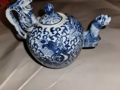 Vintage Asian Oriental Blue White Dragon Chinese Teapot Signed • $75