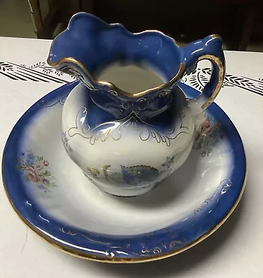 Vintage Water Basin Set Pitcher And Bowl Blue White Gold  Multicolor Flowers 10” • $45