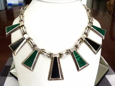 Vintage Taxco Tl-50 Mexico Sterling Silver Onyx Malachite Large Link Necklace • $102.50
