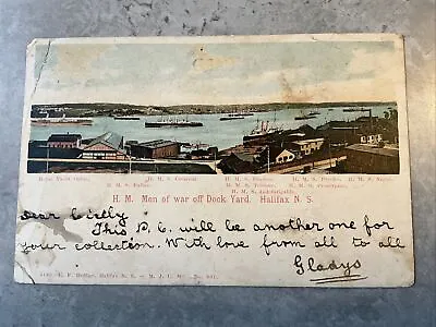 American Postcard H.M. Men Of War Off Dock Yard Halifax N.S Posted *24 • £12.47