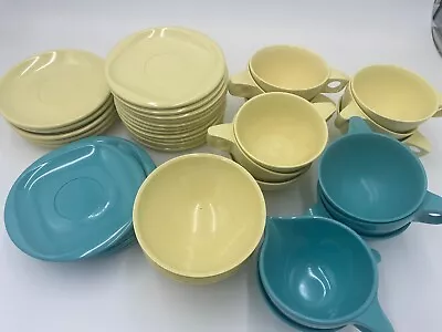 Boonton Ware Blue Yellow Melmac Saucers 1202-6 Plates Coffee Cups Bowls Melamine • $15