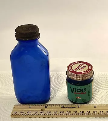 2-Cobalt Blue Glass Medicine Bottles GENUINE PHILLIPS & VICKS VAPORUB 1950's • $9.89