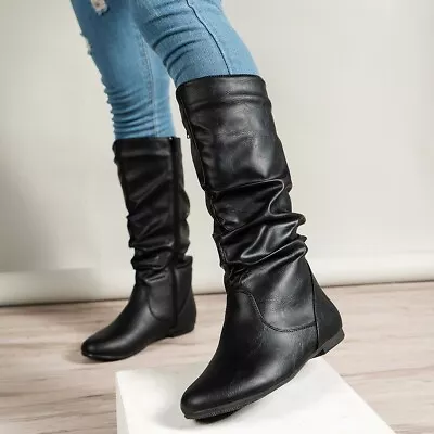 Women Round Toe Pleated Mid Calf Boots Pull On Flat Heels Riding Boots Shoes Siz • $79.20