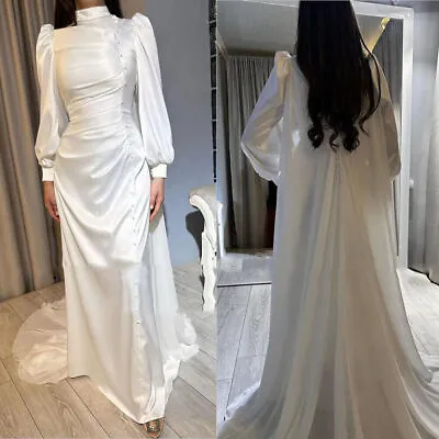 Muslim Satin Wedding Dresses With Cape High Neck White Long Sleeves Bridal Gowns • $134.99