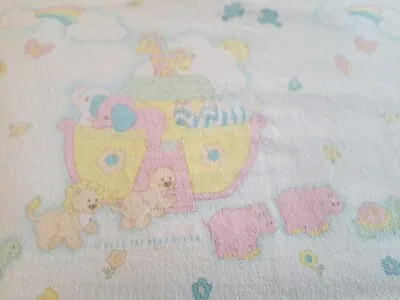 Vintage 80's Baby Receiving Blanket Noah's Ark Pastel Colors - Kendall Co. • $12