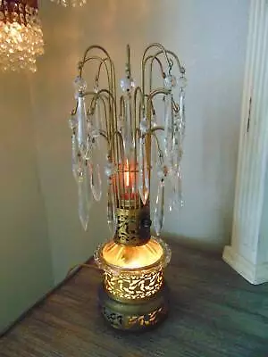 Antique Vintage CRYSTAL PRISM WATERFALL TABLE LAMP 3 Way Switch 15 1/2  Tall • $75