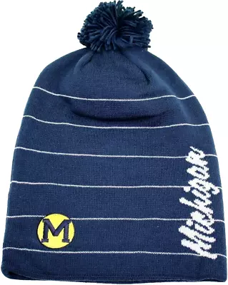 Michigan Wolverine Navy Cuffless Knit Beanie Hat/Cap W/Thin White Stripes NWT • $12.99