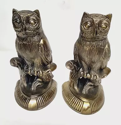 Vintage 1974 SCC Cast Metal Brass Patina Owl Bookends 8 1/4  Tall • $30