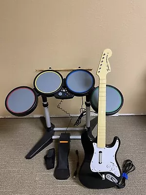 $200 • Buy Xbox 360 Rock Band Bundle Drum Set Wireless, Stratocaster Guitar All Tested!Read