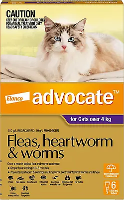 Advocate Flea Heartworm And Worm Control For Cats Over 4kg Purple 6 Pack • $90.10