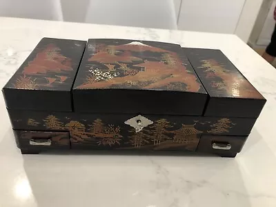 Vintage Japanese Lacquer Hand Painted Musical Jewellery Box 26cm X 15cm X 11cm   • $69