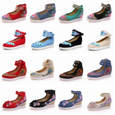 £23.83 • Buy New Womens Chinese Embroidered Floral Flat Shoes Ankle Strap Handmade Folk Shoes