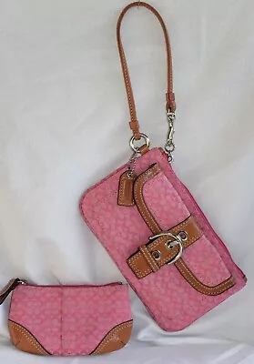 2 Pc. Coach Pink Fabric Logo C & Tan Leather Wristlet Wallet & Coin/Card Holder • $94.17