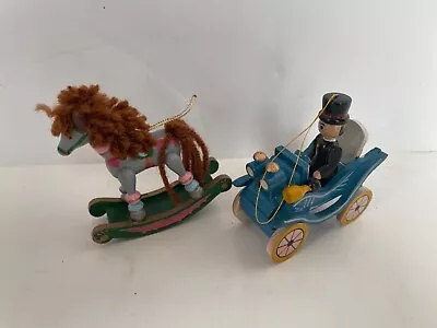 LOT  2 Wooden Christmas Ornaments Man In Car & Kurt Adler Rocking Horse VINTAGE • $10