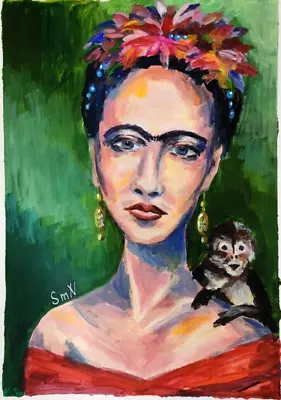 Original Art Frida With Monkey Contemporary OUTSIDER Painting Whimsical Portrait • $67