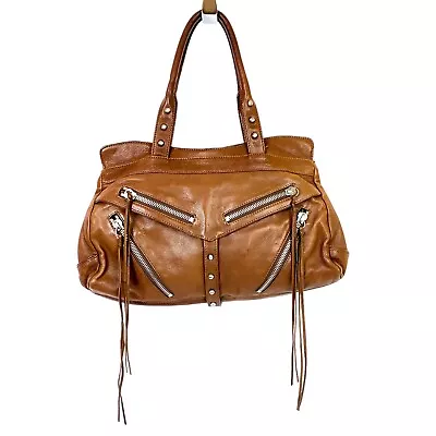 Botkier Trigger Satchel Shoulder Hand Bag Brown Leather Nickel Studs Moto Tote • $47.99