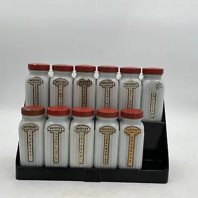 50’s Art Deco Vintage Milk Glass Spice Jar Set Griffiths  Set Of 11 W Stand Rack • $80.96