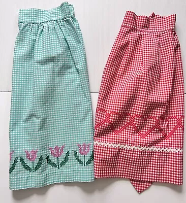 Vintage Gingham Half Aprons Red Aqua Embroidered Tulips Hearts Lot 2 • $10.99