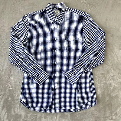 J Press Shirt Men XL Blue White Gingham Check Linen Cotton Blend Long Sleeve • $44.83