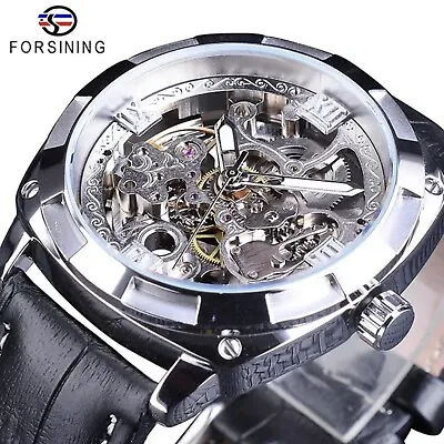 Forsining Mens Skeleton Mechanical Waterproof Luxury Watch Leather Gift Idea • $44