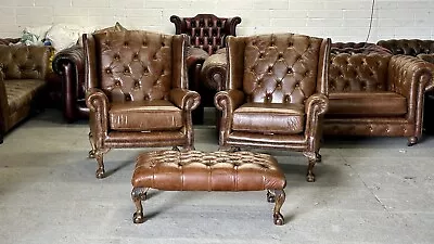 Stunning Pair Of Leather Thomas Lloyd Grand Chesterfield Queen Anne Chairs 🚚 • £1095