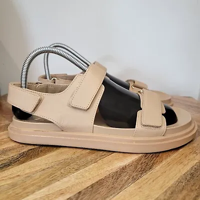 $30 • Buy ZARA FLAT LEATHER SANDALS WITH HOOK-AND-LOOP STRAPS Beige SIZE 39 EUR /8 US