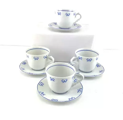 Vista Alegre Ruban Blue Fine Porcelain Set Of 4 Flat Coffee Cup And Saucer Sets • $97