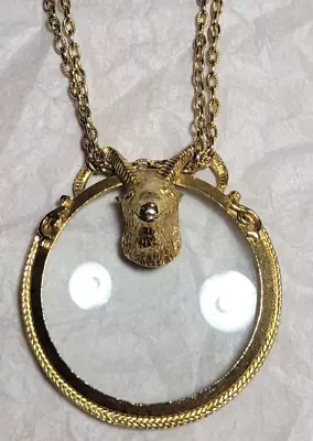 Vintage Signed Florenza Ram Head Figural Magnifying Glass Pendant Necklace • $95