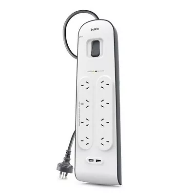 Belkin 8 Outlet Surge Protection Strip With 2 Port 2.4A USB Charging White/Grey • $77.43