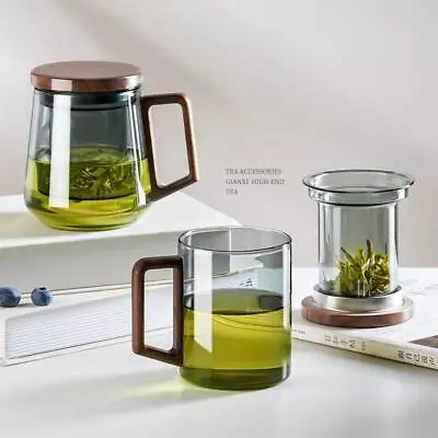 Glass Tea Cup With Wood Handle Chinese Heat Resistant With Filter Transparent • $26.99