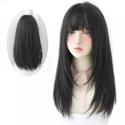 Long Black Straight Hair Wig With Bangs Synthetic High Density Long Hair Wig • $34.99