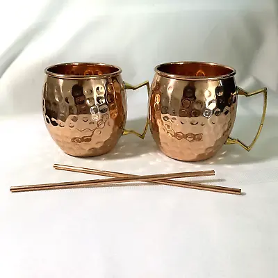 BENICCI~Set Of 2 Copper Moscow Mule Mugs Used Hammered W/straws Orig Box • $12.50