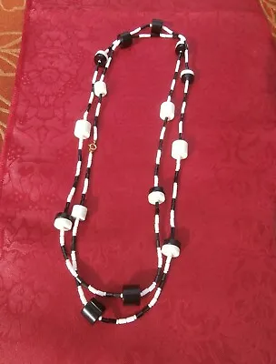 Estate Vintage Beaded Sautoir Necklace Modernist Black White Beads Unique Retro! • $49.99